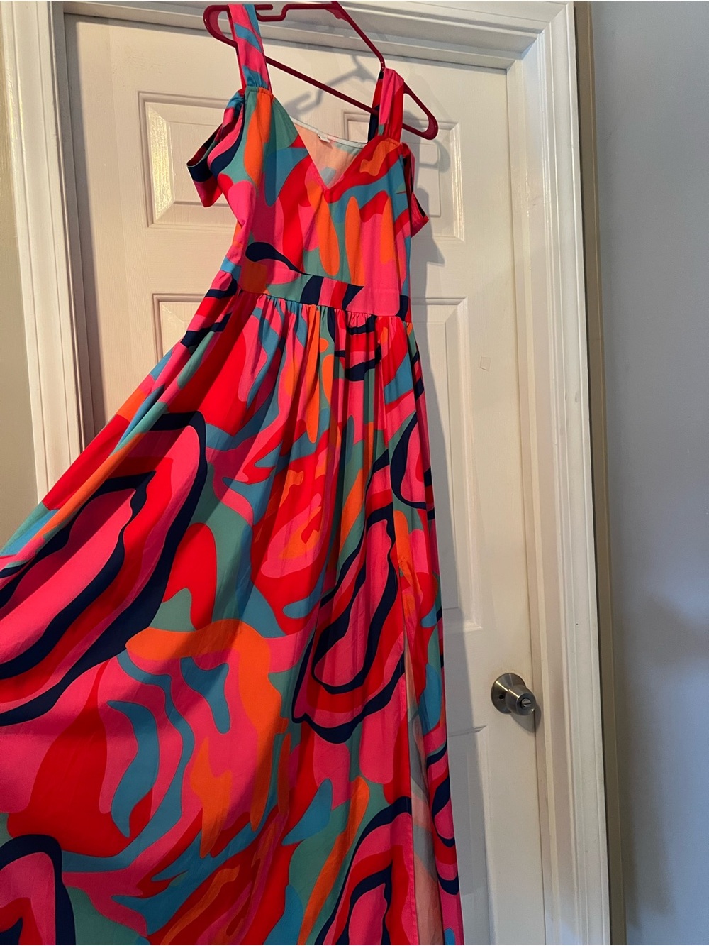 Vibrant Multicolor Cold-Shoulder Maxi Dress  - Pink & Teal